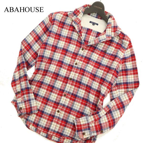 ABAHOUSE アバハウス 秋冬 襟袖ワイヤー★ 長袖 チェック ネル シャツ Sz.2　メンズ 赤 白 ネイビー　C3T08499_9#B_画像1