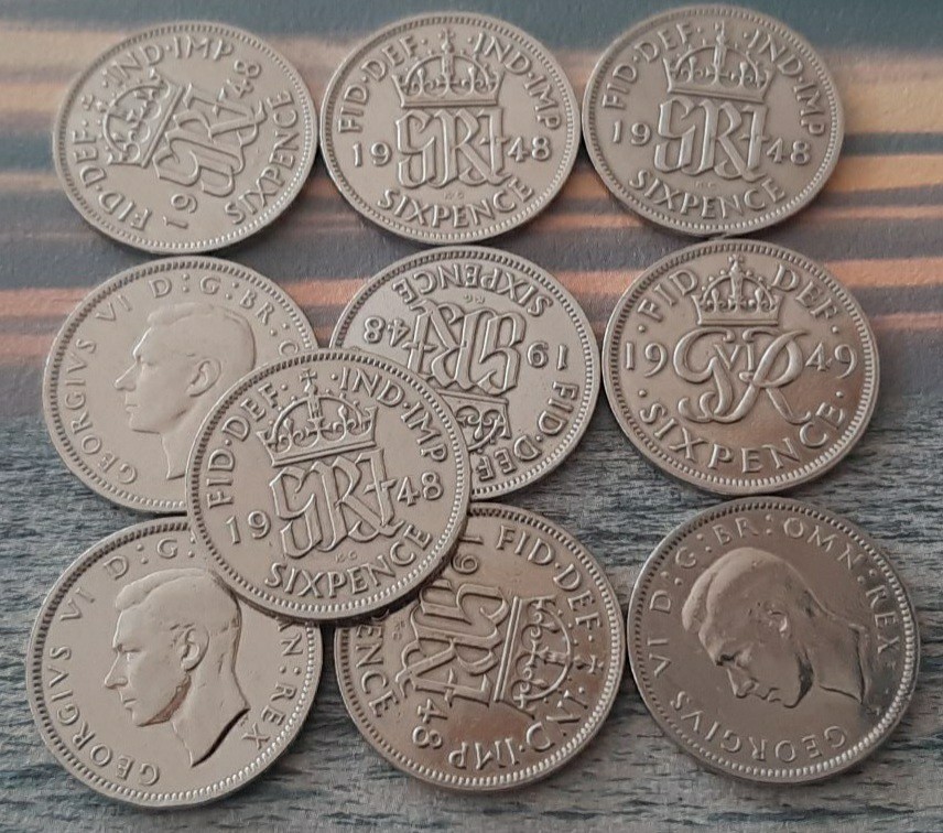 1948～1949年 アンティーク イギリス 英国ラッキー6ペンスコイン 10枚セット本物 ブリティッシュ 幸せシックスペンス コイン 19ミリコイン_画像1