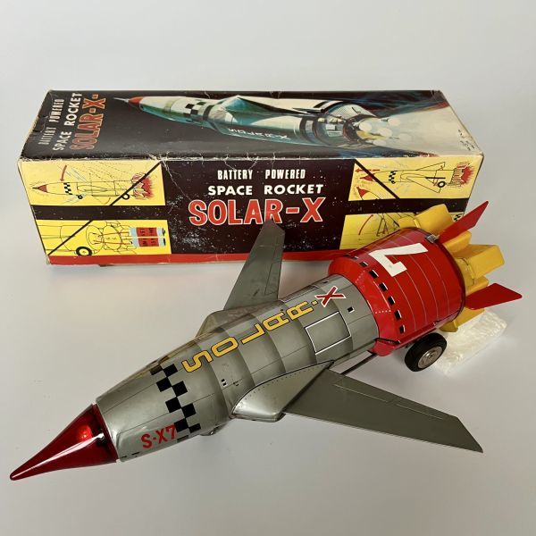 1960 period made .. toy [ SOLAR - X ] out box attaching working properly goods /.. made in Japan that time thing Vintage tin plate Rocket Showa Retro 