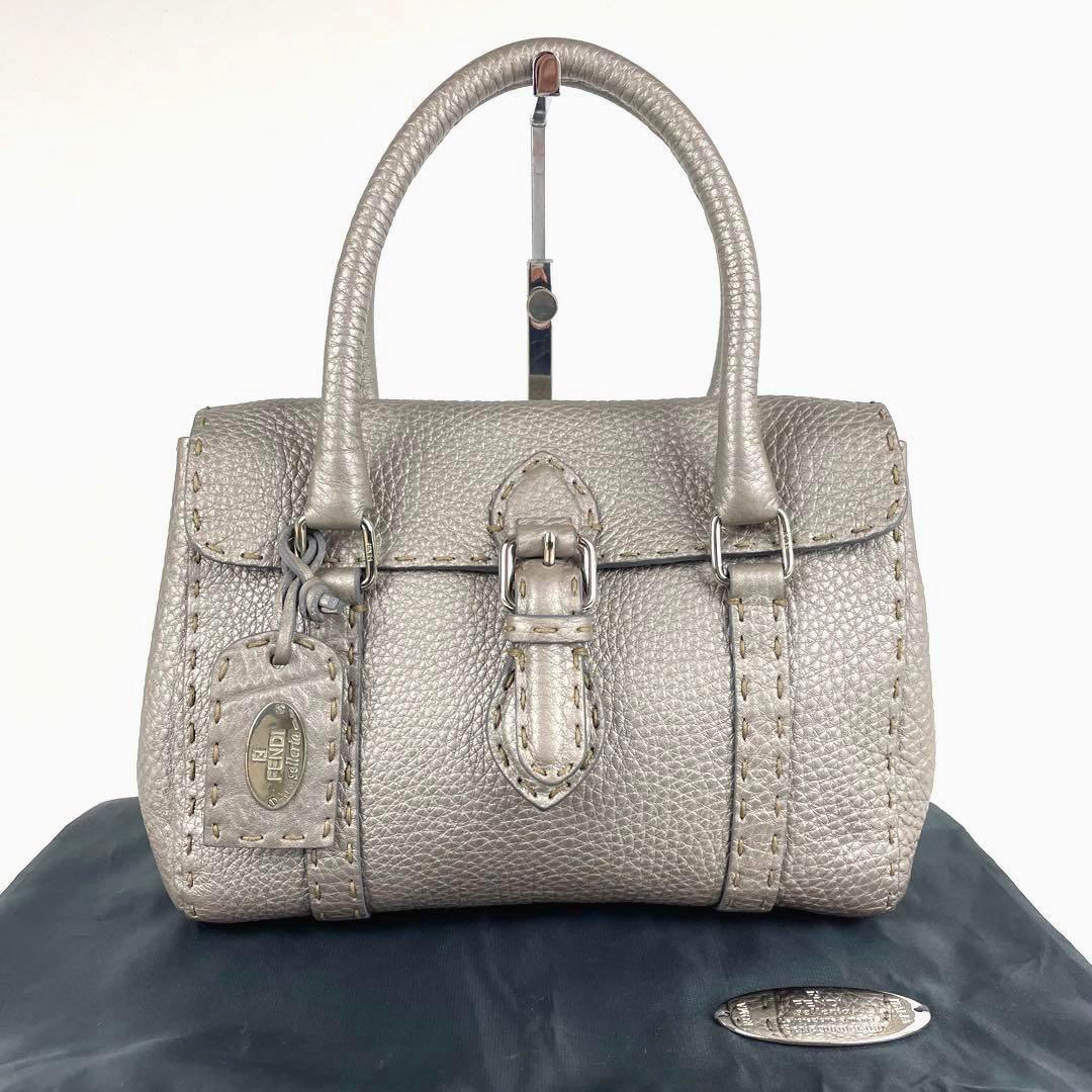 極美品■FENDI フェンディ Selleria セレリア ミニリンダ ハンドバッグ シルバーグレー ペルトロ シルバー金具 カーフレザー 8BR486_画像2