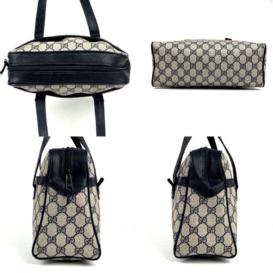 美品■GUCCI グッチ ハンドバッグ GGスプリーム ダブルシェリーライン PVC レザー ネイビー ミニボストン インターロッキング ゴールド金具