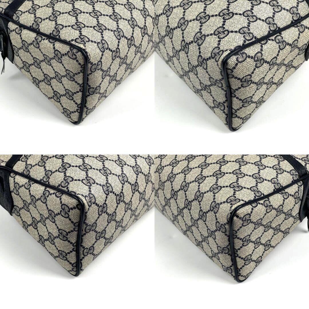 美品■GUCCI グッチ ハンドバッグ GGスプリーム ダブルシェリーライン PVC レザー ネイビー ミニボストン インターロッキング ゴールド金具
