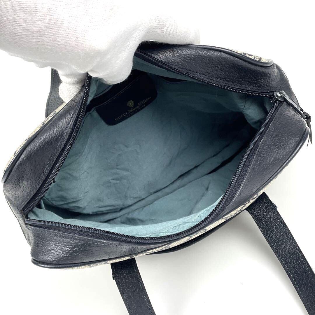 美品■GUCCI グッチ ハンドバッグ GGスプリーム ダブルシェリーライン PVC レザー ネイビー ミニボストン インターロッキング ゴールド金具