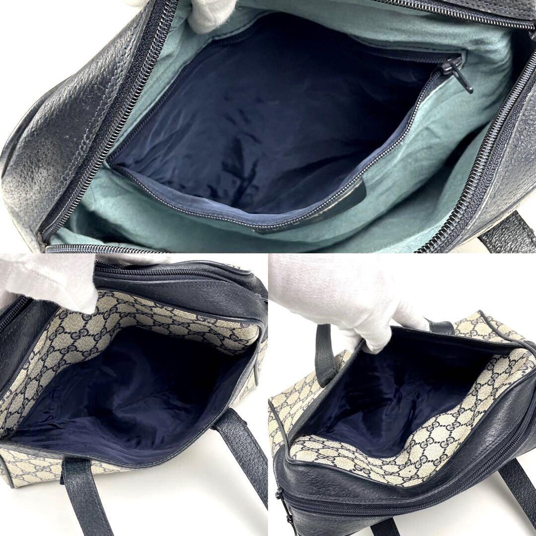 美品■GUCCI グッチ ハンドバッグ GGスプリーム ダブルシェリーライン PVC レザー ネイビー ミニボストン インターロッキング ゴールド金具