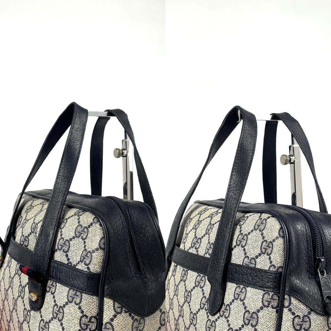 美品■GUCCI グッチ ハンドバッグ GGスプリーム ダブルシェリーライン PVC レザー ネイビー ミニボストン インターロッキング ゴールド金具