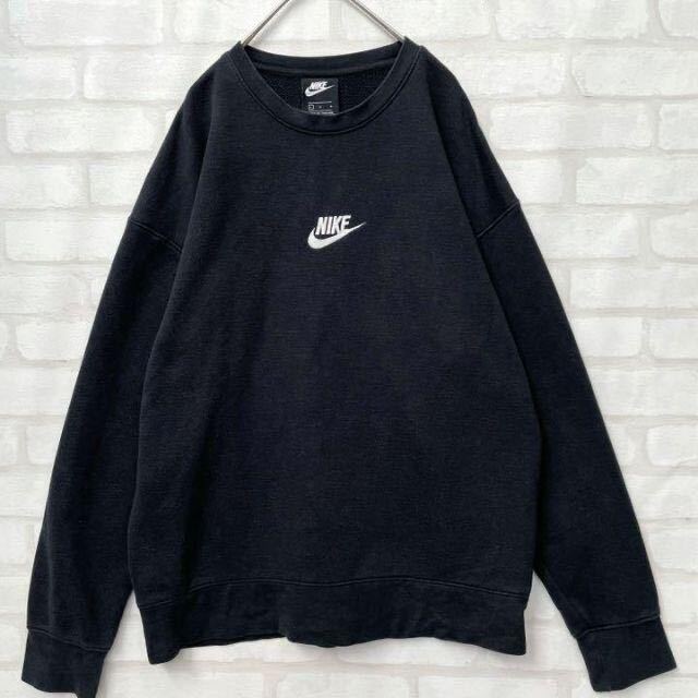 良デザイン】NIKE センターロゴ刺繍 スウェット トレーナー L 黒 人気