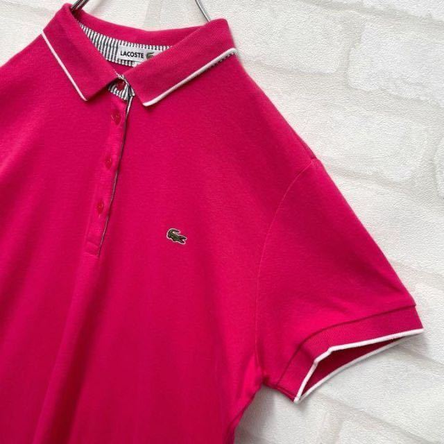 【大人気】ラコステ レディース 半袖ポロシャツ ピンク ワンポイントロゴ刺繍 42サイズ LACOSTE