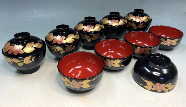 会津塗 御椀揃 十客」 内朱塗五客 蓋付椀五客 汁椀 吸物碗 蒔絵 和食器