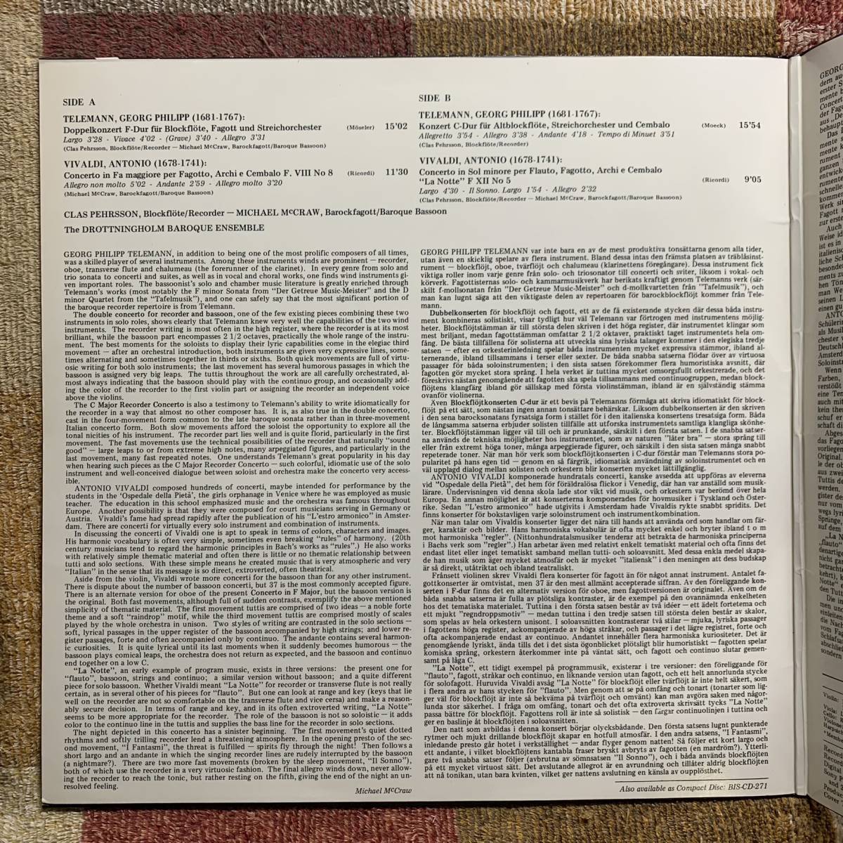 LP★BIS LP-271★テレマン、ヴィヴァルディ「リコーダーとバスーンのための協奏曲」【クラース・ペーション マイケル・マクロー】の画像3