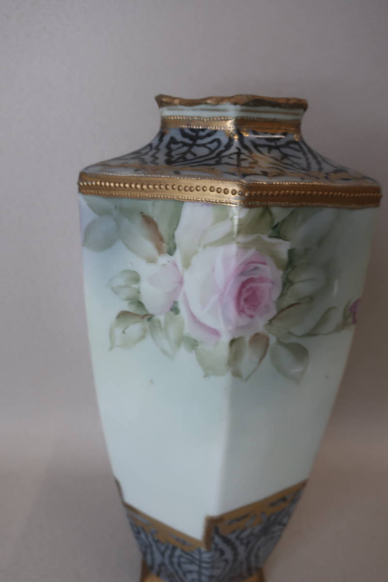 オールドノリタケ メープルリーフ印 六角 ハンドペイント 金彩盛上  フラワーベース 花瓶 置物 アンティークの画像7
