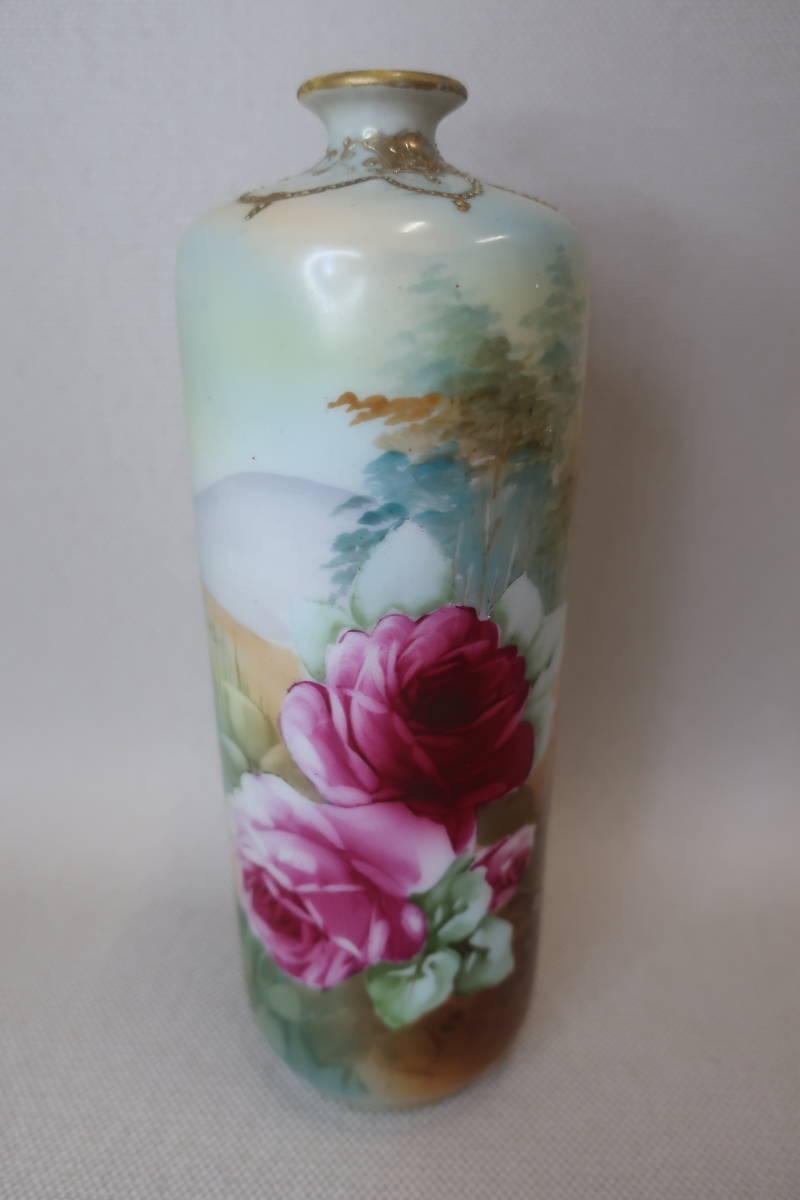 オールドノリタケ メープルリーフ印　薔薇 ハンドペイント 金彩盛上　 フラワーベース 花瓶 置物 アンティーク