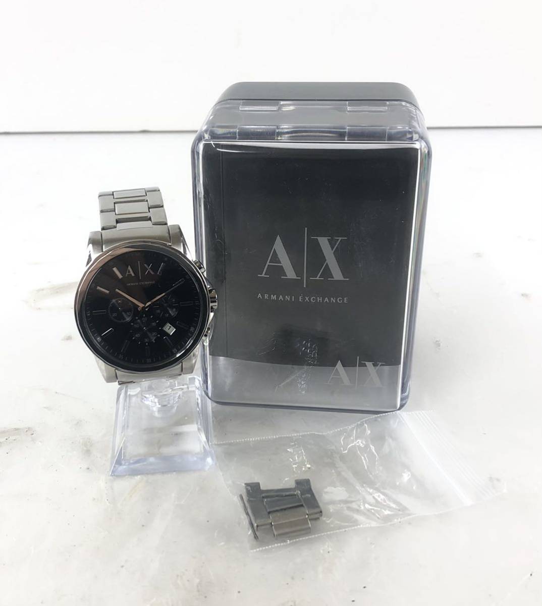 【SM519】ARMANIEXCHANGE アルマーニエクスチェンジ AX2084 クロノグラフ デイト Qz クォーツ 黒文字盤 メンズ 腕時計 ケース付き 付属品付_画像1