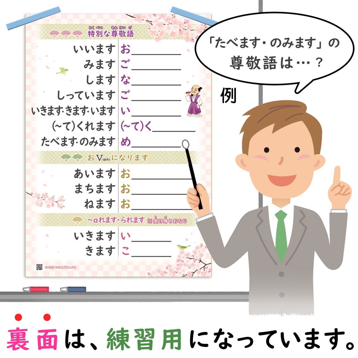 日本語教師 学習者の尊敬語表（A2サイズひらがな版）みんなの日本語準拠、日本語教育能力検定試験