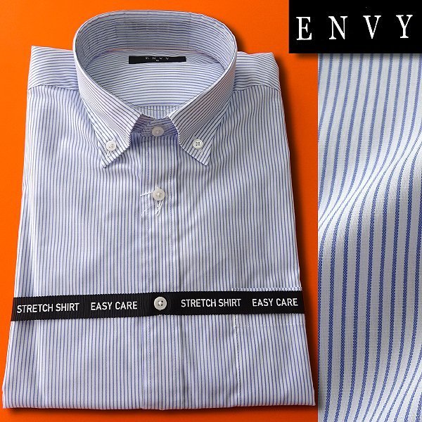 新品 山喜 エンビオム ストレッチ ファインクロス ドレス シャツ L 青白 【HJD558_74】 ENVY HOMME メンズ 長袖 吸水速乾 イージーケア_画像1