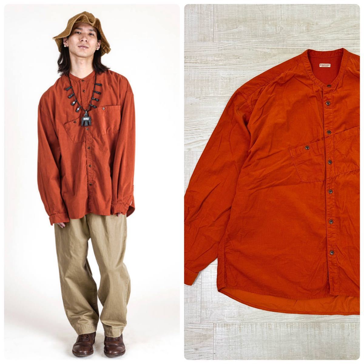 21aw 2021 KAPITAL キャピタル Corduroy Band Color Nestle Shirt コーデュロイ バンドカラー シャツ オーバーサイズ サイズ 3 ( L )_画像1