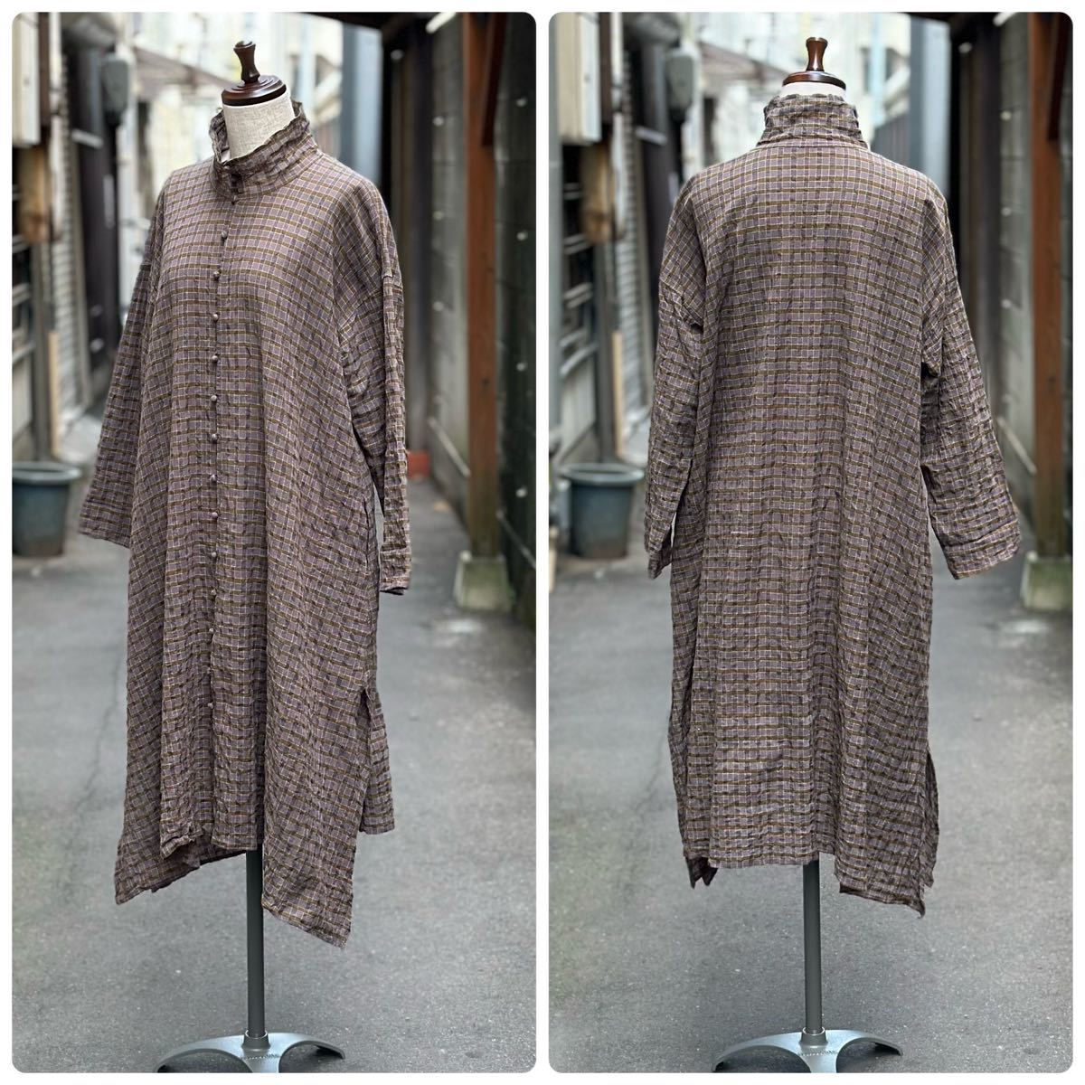 2023 year buy beautiful goods JURGEN LEHL Jurgen Lehl cotton linen check long blouse tunic One-piece size M regular price 55.000 jpy 