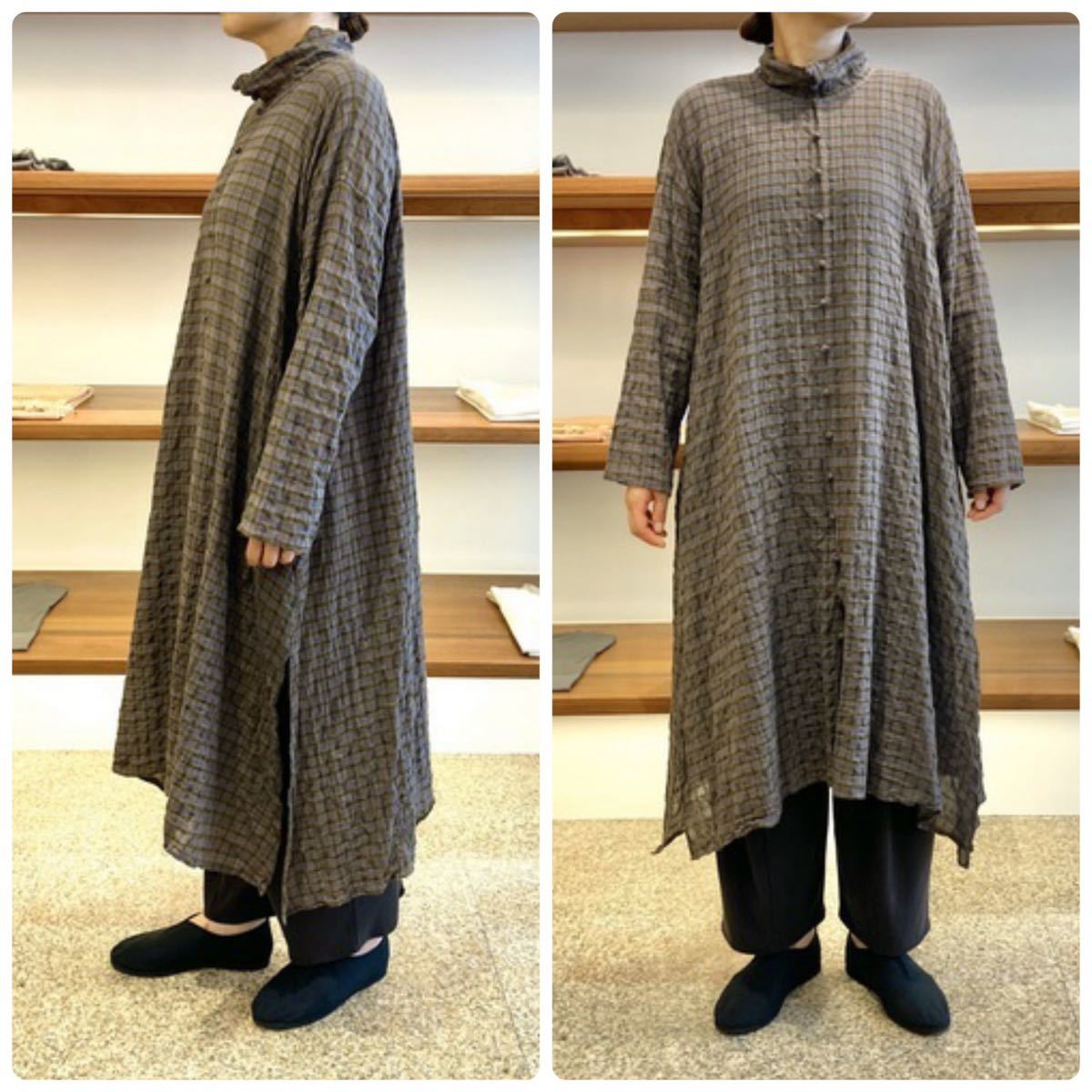 2023 год покупка прекрасный товар JURGEN LEHL Jurgen Lehl хлопок linen проверка длинный блуза туника One-piece размер M обычная цена 55.000 иен 
