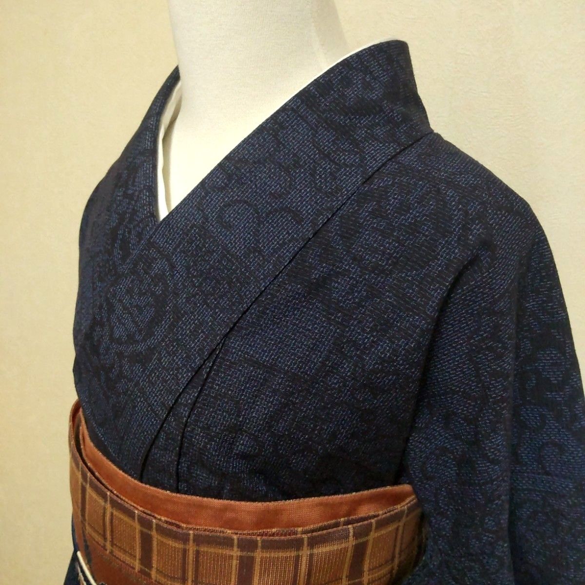 新品 未使用 本場結城紬 単衣 藍染め 藍青色