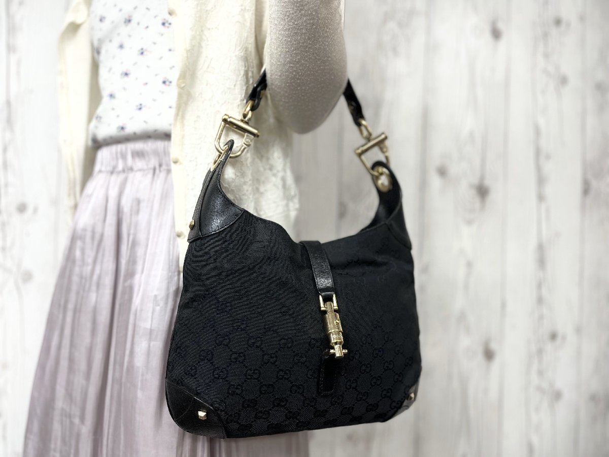 極美品 GUCCI グッチ GGキャンバス ニュージャッキー ハンドバッグ ショルダーバッグ バッグ キャンバス×レザー 黒 64489_画像1