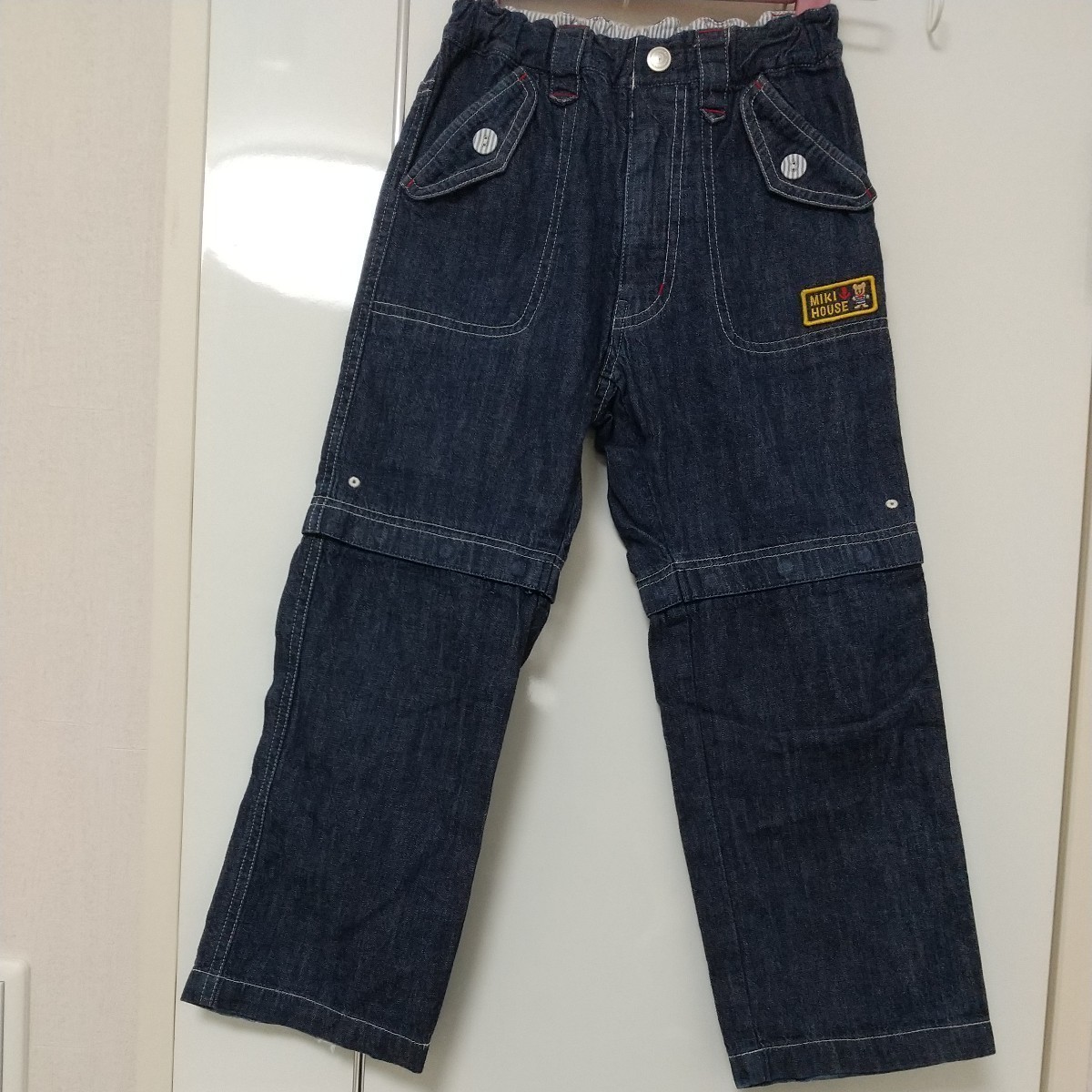 [ free shipping ]miki house Miki House child clothes 2way Denim pants cotton 100 ( thin ) man 120 size navy short pants, long trousers badge 