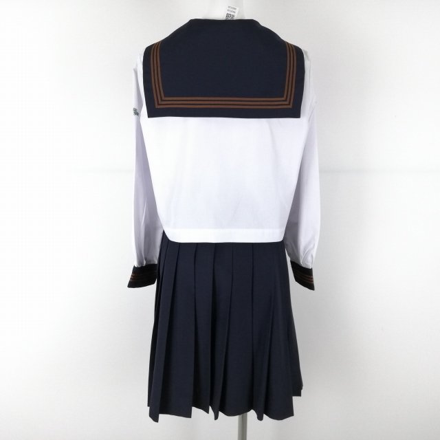 1円 セーラー服 スカート スカーフ 上下3点セット 160A 中間服 茶3本線 女子 学生服 東京関東国際高校 白 制服 中古 ランクB NA0534_画像2