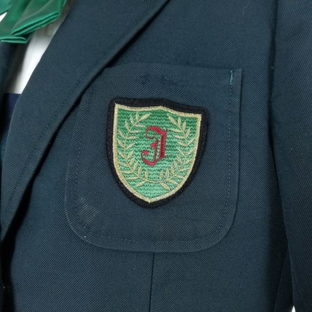 1円 ブレザー ジャンパースカート リボン 上下4点セット 155A 冬物 女子 学生服 広島城山北中学 緑 制服 中古 ランクB NA0647_画像4