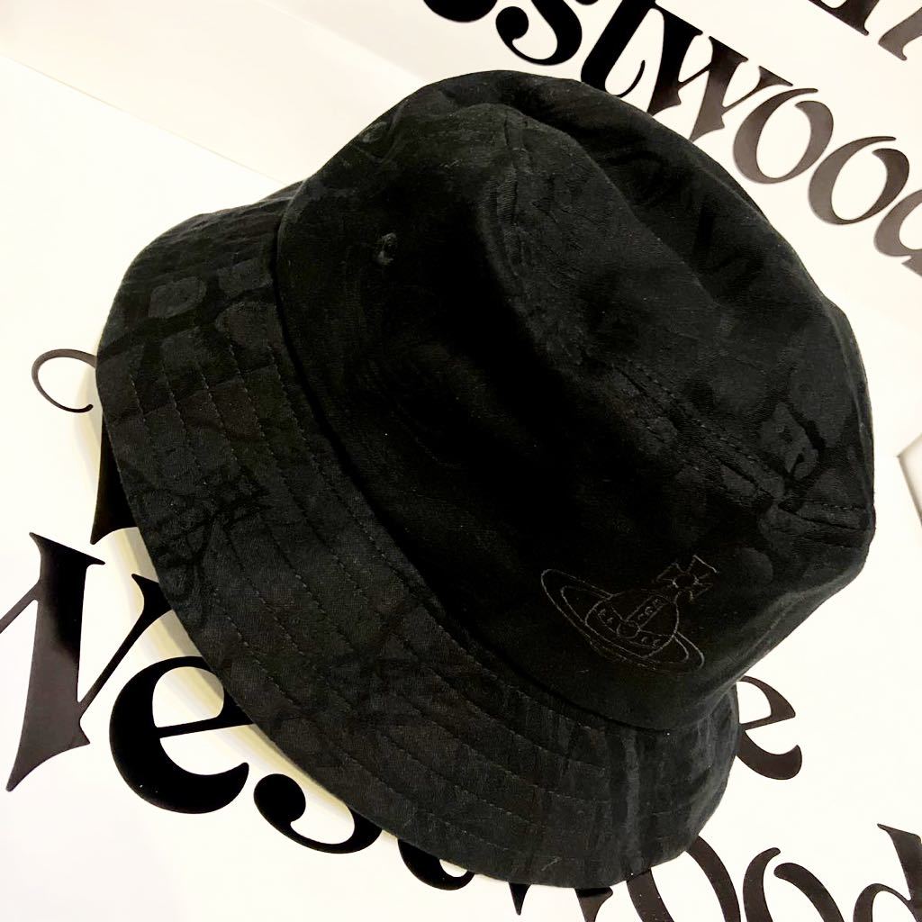 送料込●新品● Vivienne Westwood コットンバケットハット A シャドーオーブマーク総柄黒 日本製 ヴィヴィアンウエストウッド ビビアン