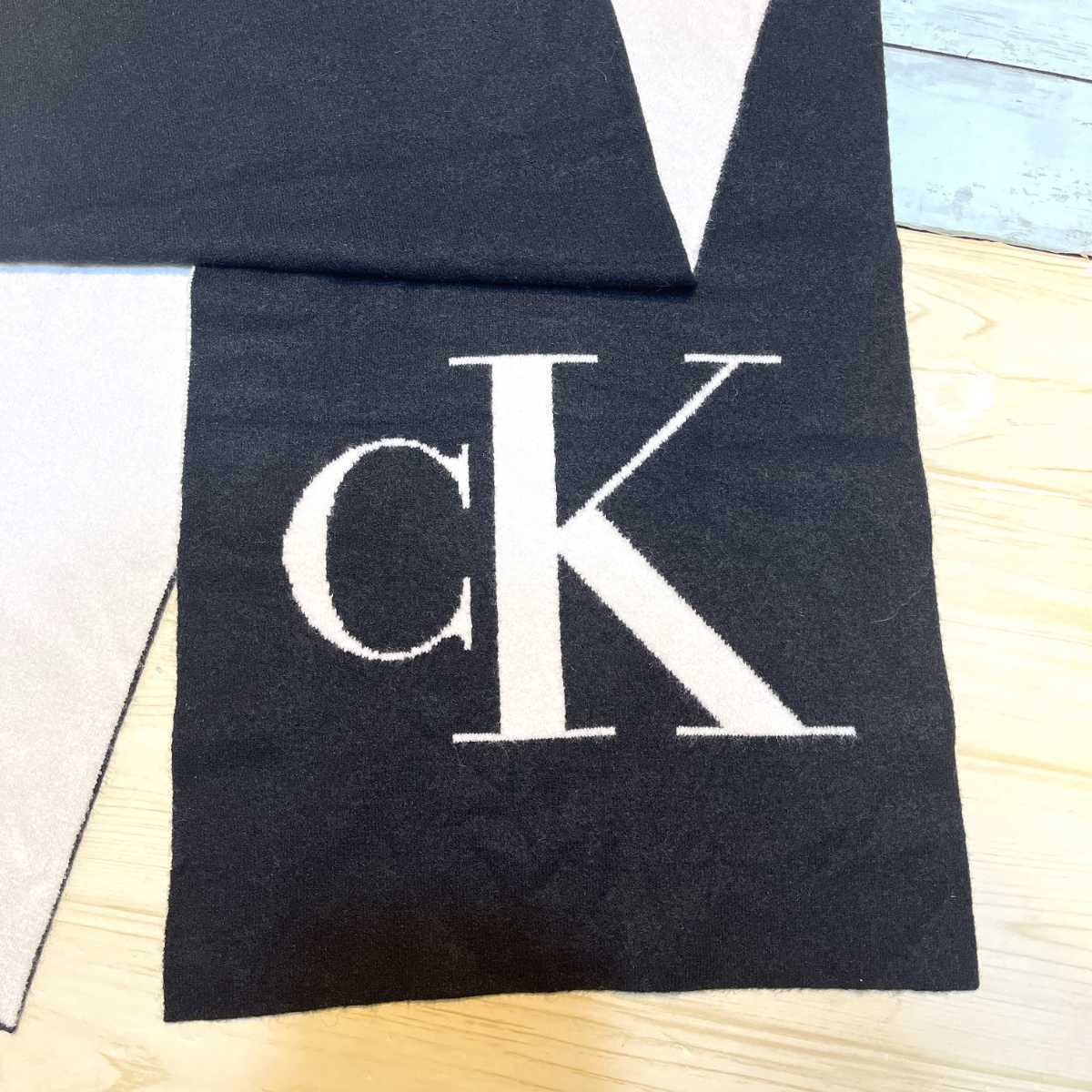 新品 CK カルバン クライン Calvin Klein ビッグロゴ もふもふ メンズ 白 ブラック 白黒 ショール マフラー ストール リバーシブル