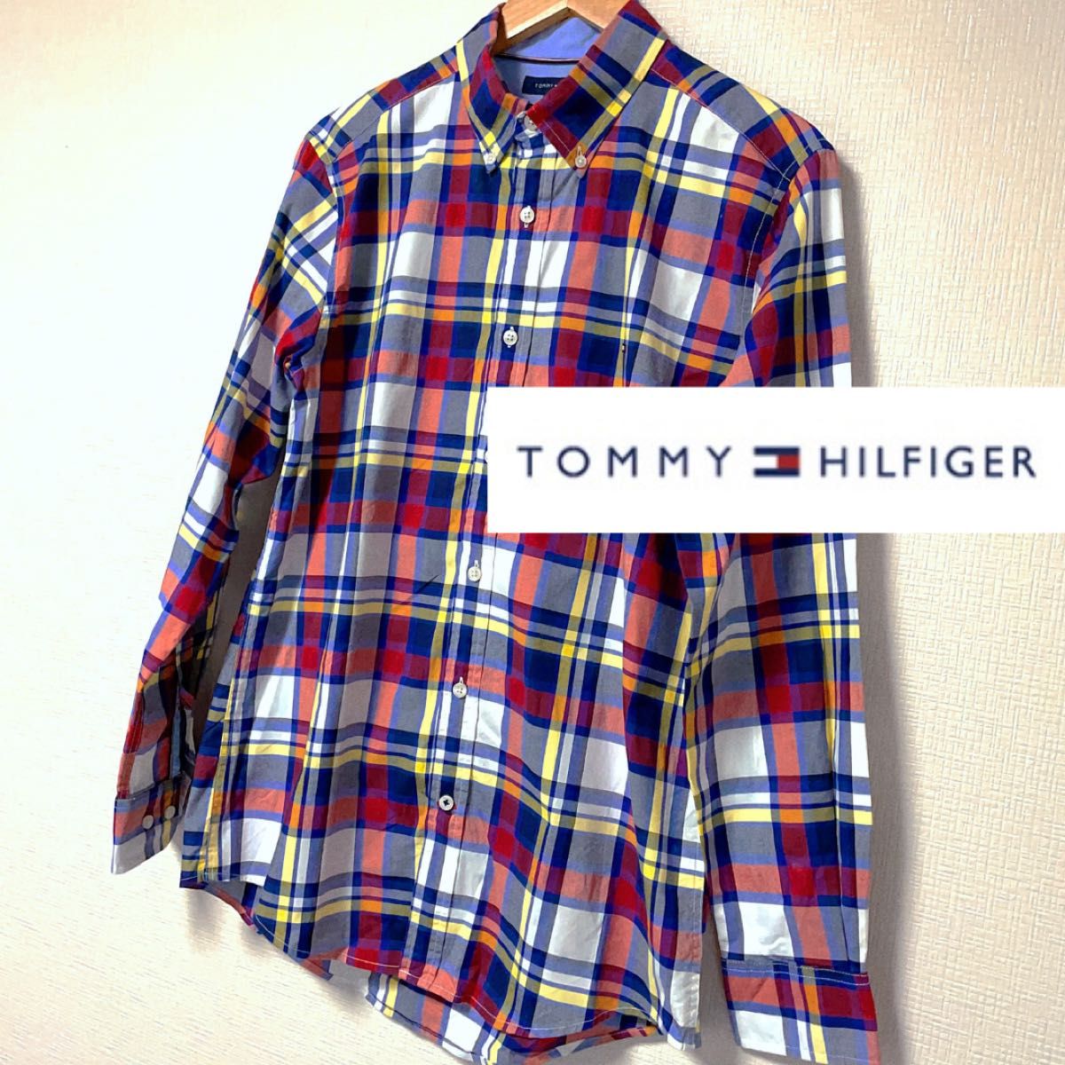 【新品同様】Tommy hilfigerメンズLサイズ ワイシャツ チェックシャツ 赤 トミーヒルフィガー カッターシャツ