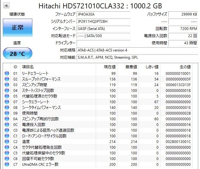 CrystalDiskInfo 正常 5個セット 1TB HDD 日立 HITACHI まとめて 3.5インチ SATA 中古ハードディスク 管H02_画像6