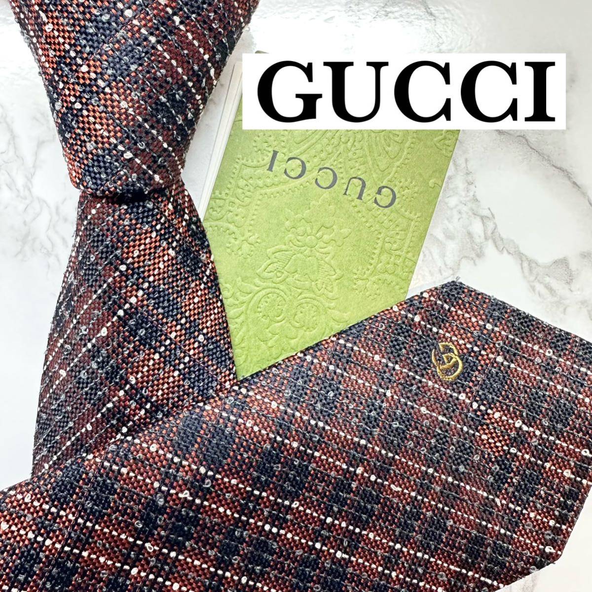 新品未使用タグ付 現行モデル レア GUCCI ネクタイ シルク78% 織柄 マーモントG 蜂 ビー ソーホー ナロータイ ブランドロゴ 刺繍 ネイビー_画像1