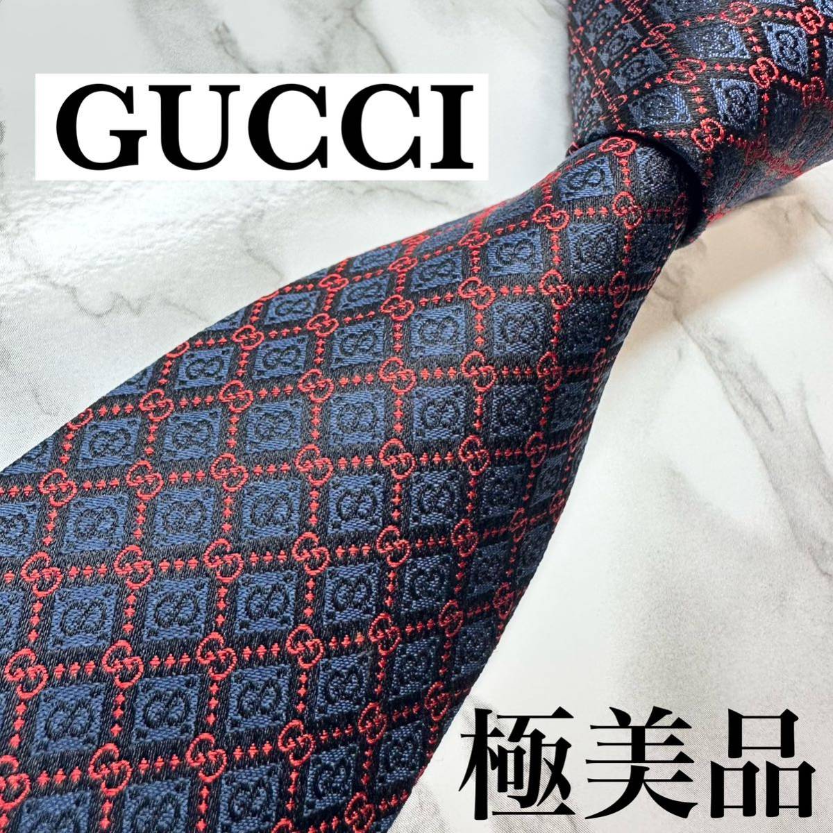 GUCCI グッチ ネクタイ ネイビー シルク100% オールドグッチ GGロゴ-