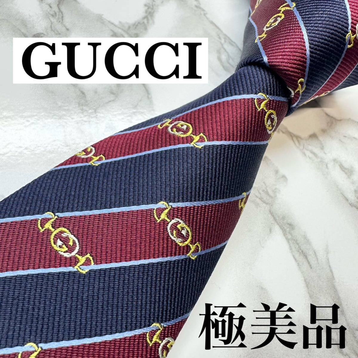 極美品 現行タグ レア GUCCI ネクタイ シルク100% GG柄 ストライプ 蜂