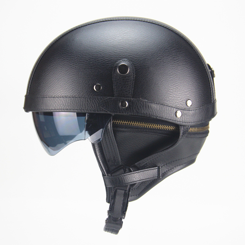 ハーフヘルメット ハーレー 半帽 半キャップ レザー　PU ヘルメット　バイク ジェット ヘルメット 内臓サングラス　フリーサイズ ブラック_画像1