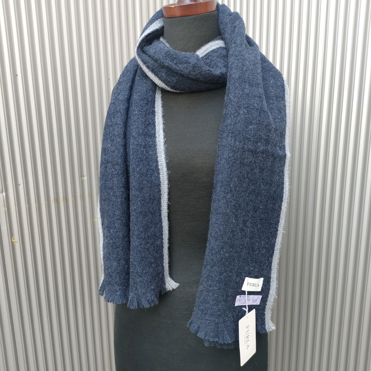 [ cashmere 30%] new goods / Furla FURLA/ dead stock / cashmere ./ wool /bai color / muffler / navy blue / navy /R0914MBFS7/0011/