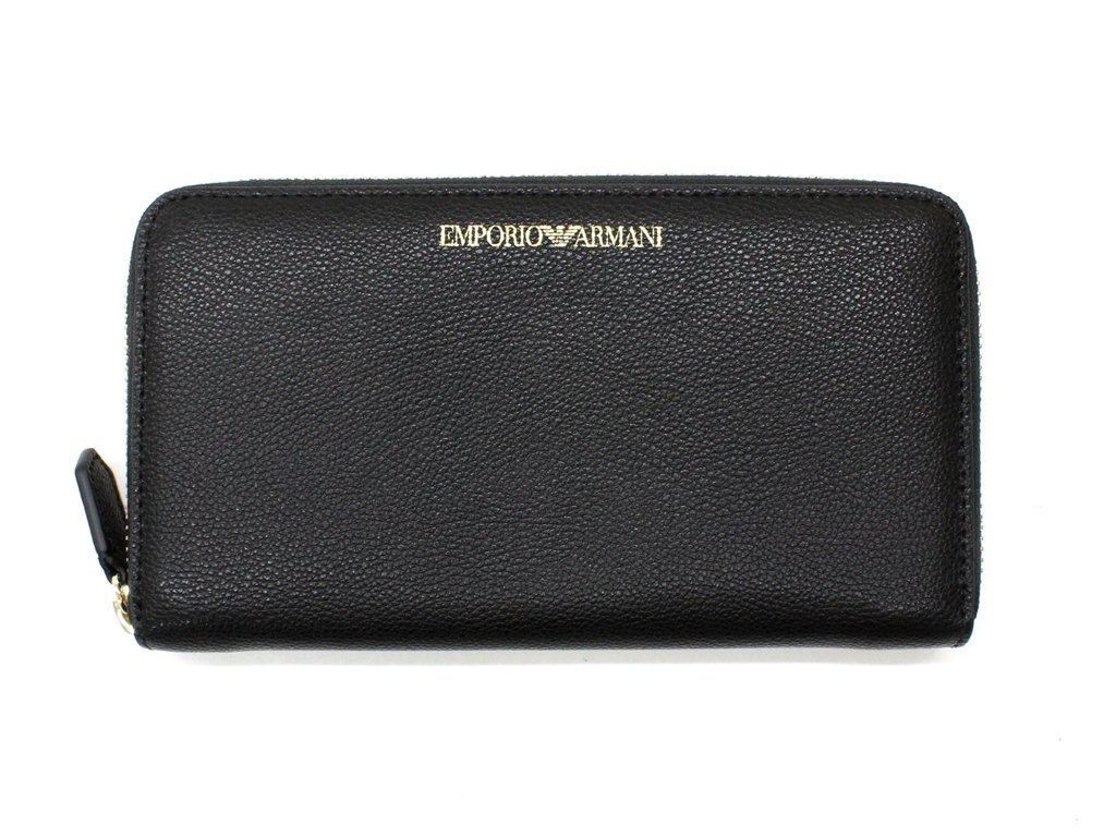 7万新品◆EMPORIO ARMANI アルマーニ 黒ロゴ入りレザーラウンドジップ長財布1円_画像2