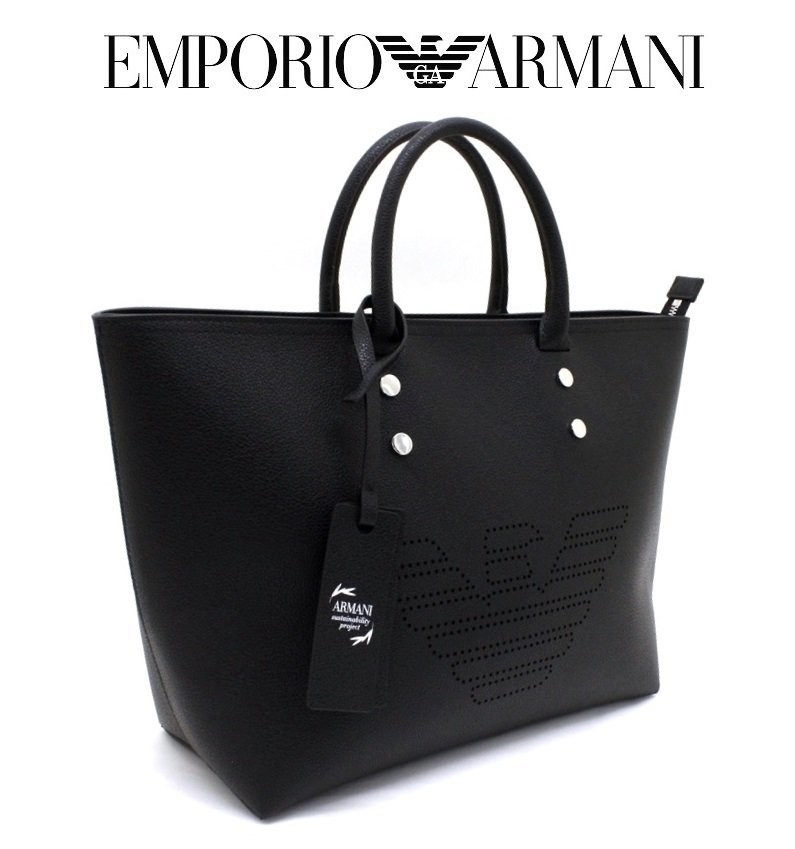15万新品◆EMPORIO アルマーニ 黒レザーパンチングイーグルロゴトートバッグ 1円