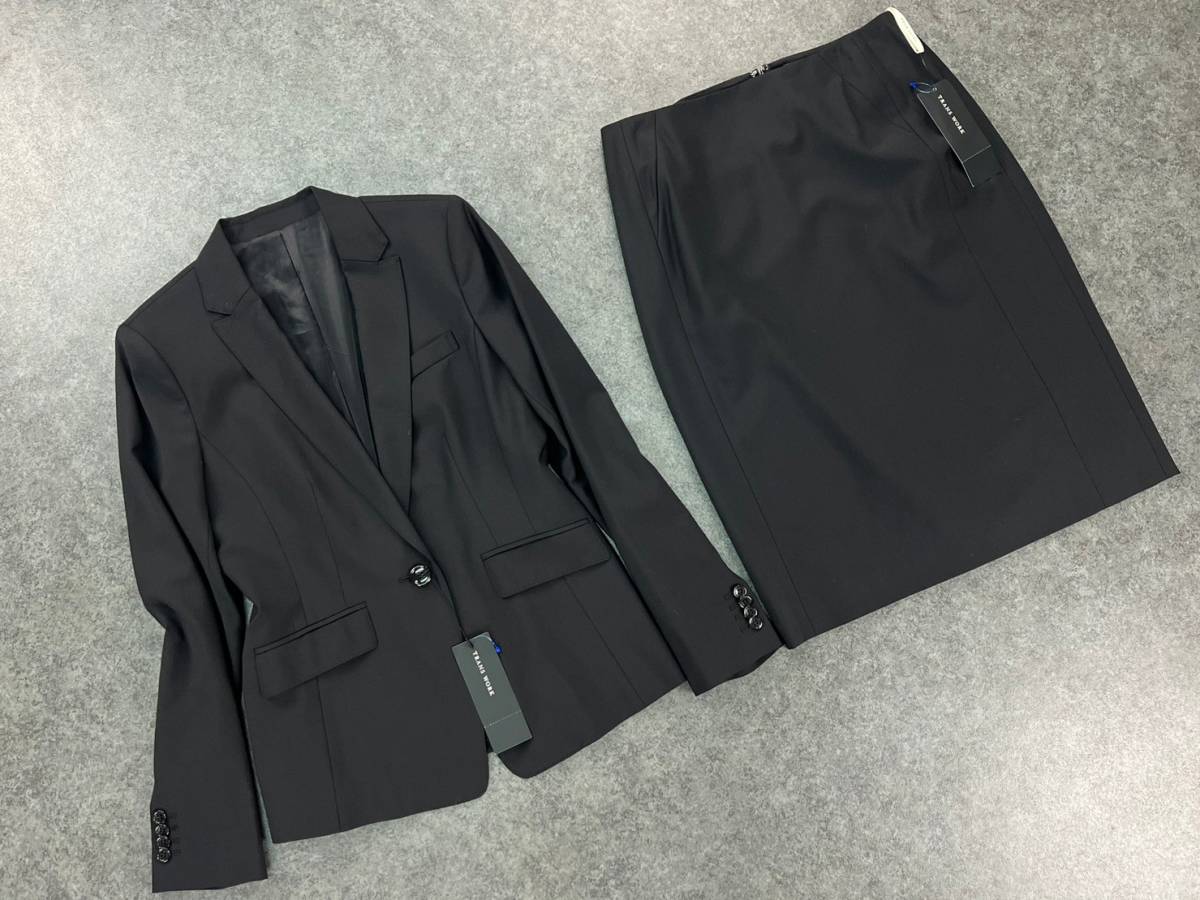 Wk727 新品 未使用 定価67,000円 日本製 TRANS WORK 伊製生地 REGGIANI スカートスーツ セットアップ 上下 ストレッチ 黒 レディース 40_画像3