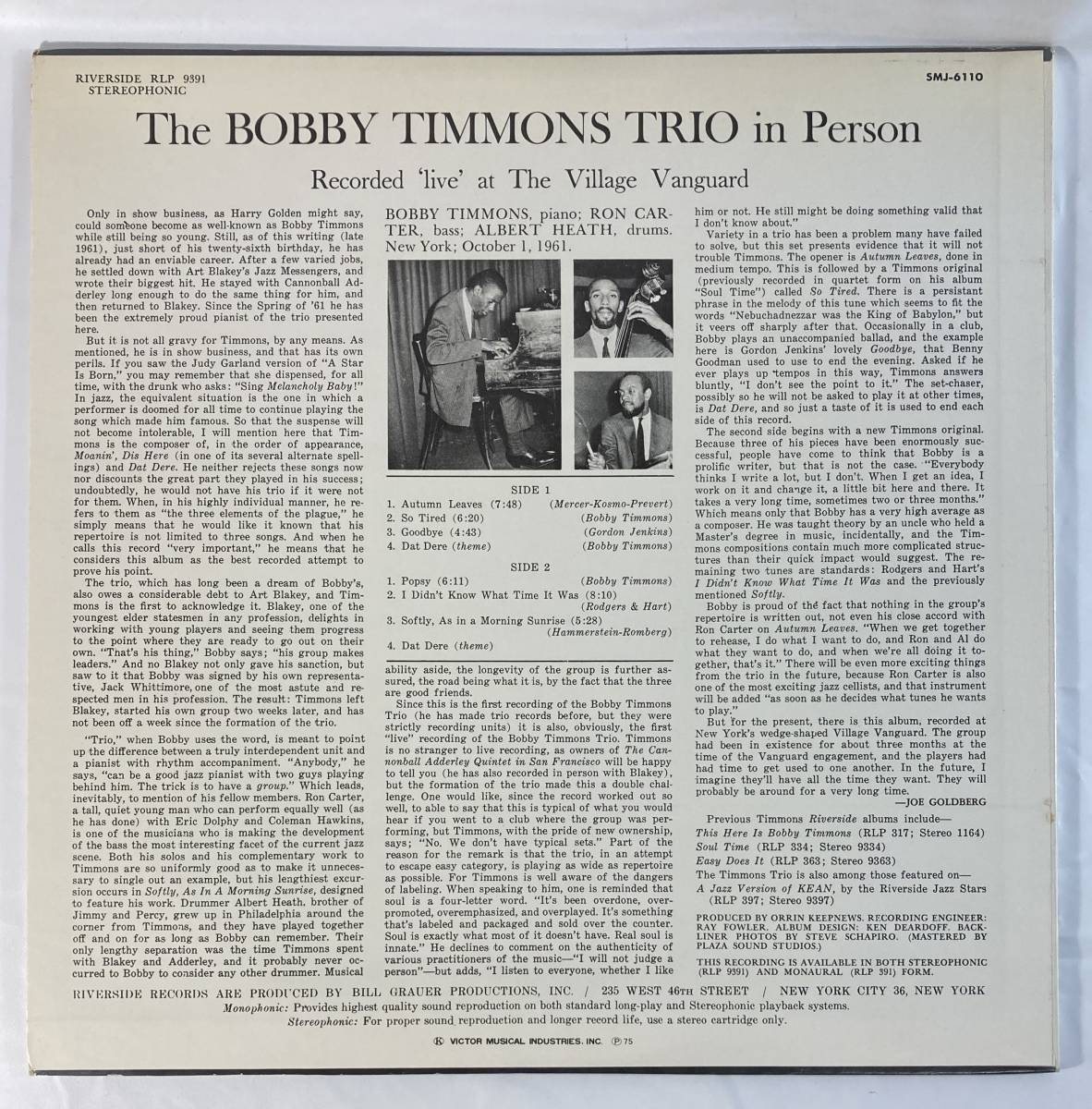 ボビー・ティモンズ (Bobby Timmons) trio / In Person 国内盤LP VI SMJ-6110 STEREO_画像2