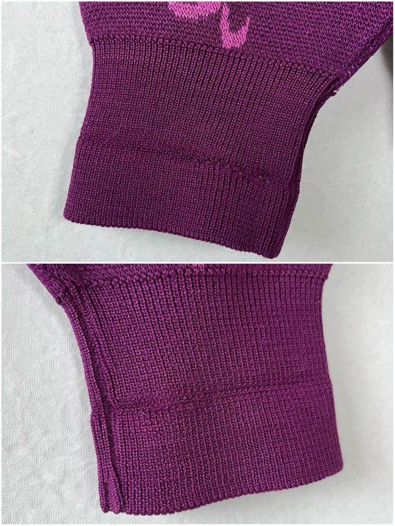 古着 日本製 総柄ニット セーター 派手柄 ピンク 紫 M レトロ ガーリー ヨーロピアン ジャカードニット 薄手