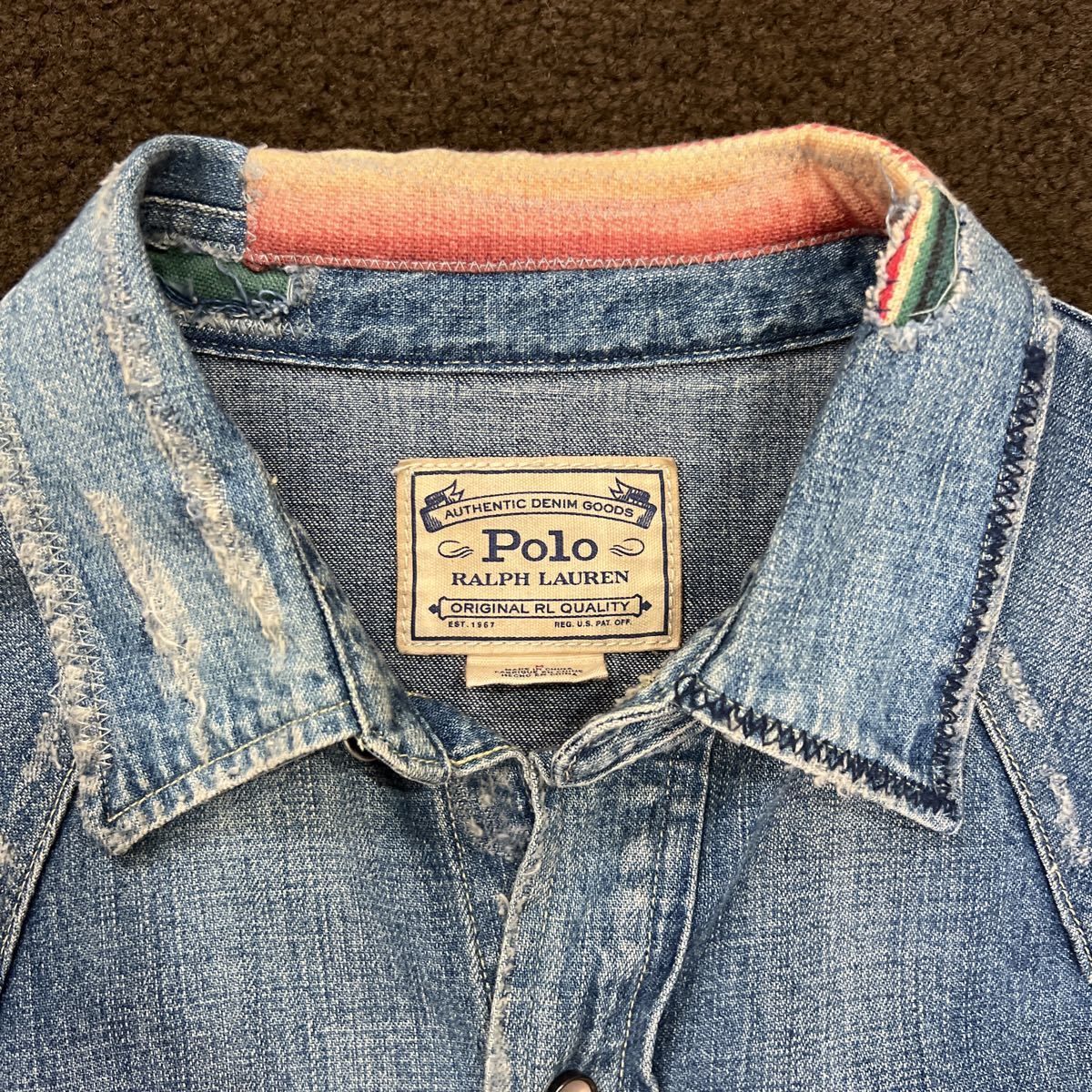 1円スタート　極希少Polo Ralph Lauren ポロ ラルフローレン 刺繍 デニムウエスタンシャツ M ユーズド加工ヴィンテージ メンズ _画像4