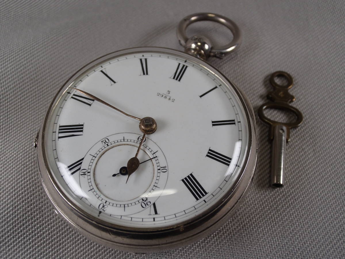 《稼働品・OH済》1810年 英国　鎖引き(フュージー)・鍵巻き・純銀製機械式懐中時計　/鍵付き