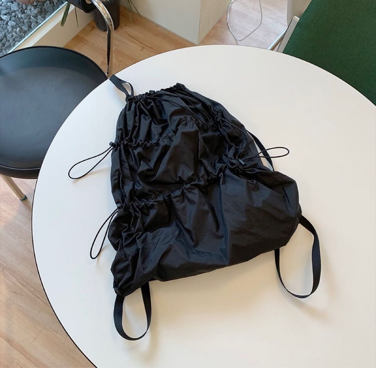 シャーリング ナップサック ギャザー リュックサック バッグ  軽量 韓国 黒 ブラック