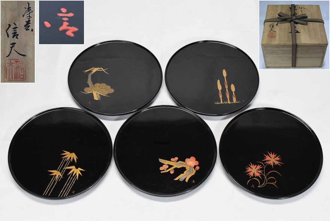 最安価格 輪島塗【木谷信夫】草花絵替り蒔絵 銘々皿 五客 漆器 漆塗 共箱 栞付 その他 最安価格 輪島塗【木谷信夫】草花絵替り蒔絵 銘々皿 五客 漆器 漆塗 共箱 栞付 その他