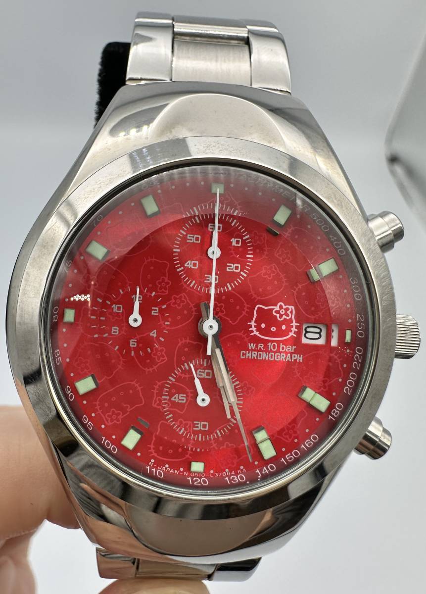 y506T ハローキティ CITIZEN クロノグラフ 腕時計 2000 LIMITED EDITION レッド 10気圧防水 デイト 2000本限定 現状不動_画像9