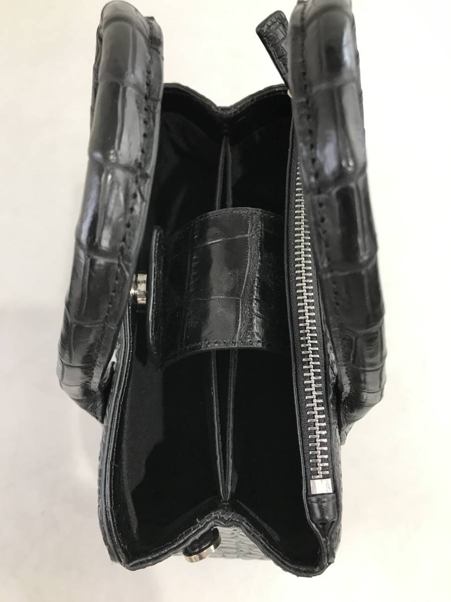 HG5124 クロコダイル 本革 ハンドバッグ ブラック系 ストラップ付 鞄 レディース _画像6