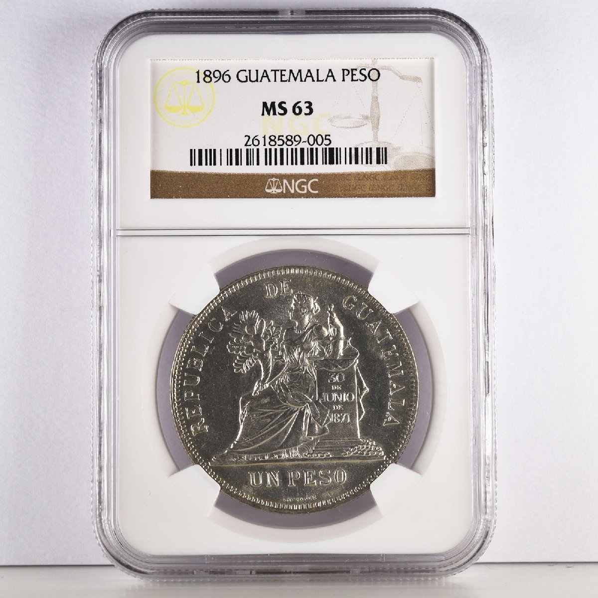 [NGC MS63] 1896年 グアテマラ Guatemala 1 PESO 1ペソ 銀貨