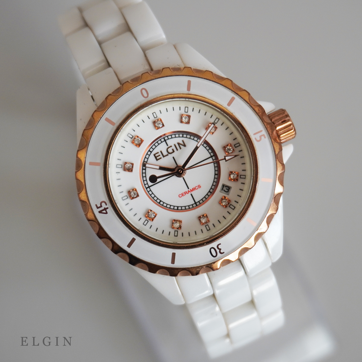 電池交換済 稼働品 エルジン ELGIN FK1377C-EP セラミック ホワイト 12P ストーン メンズ レディース 腕 時計 クォーツ 白 CERAMICS