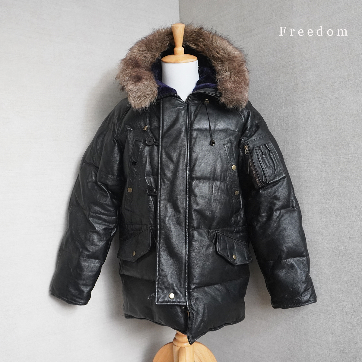 フリーダム Freedom 本革 レザー N-3B ミリタリー ダウン コート メンズ 40 ブラック 黒 フライト ジャケット アウター ファッション