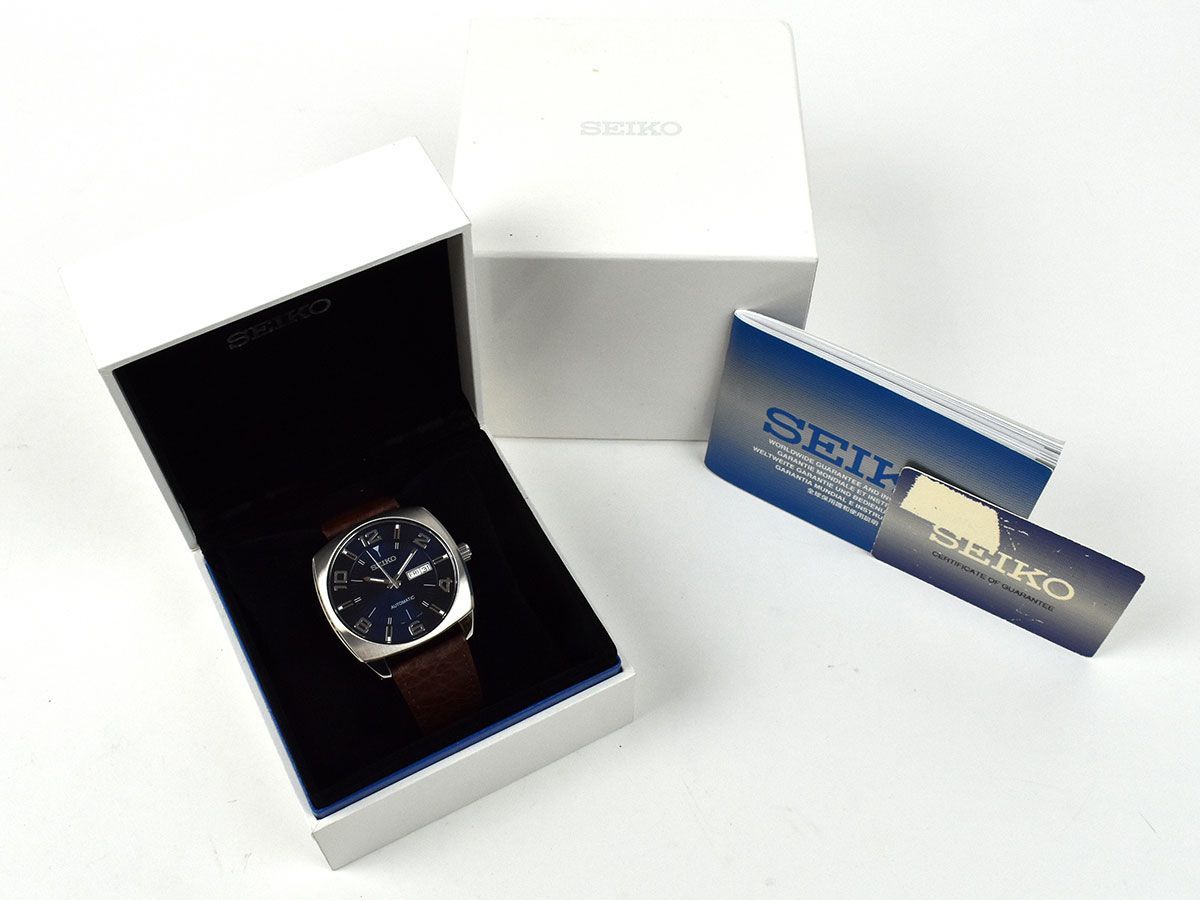 160937◆美品 動作確認済 SEIKO セイコー メンズウォッチ 腕時計 自動巻き 7S26-04D0 デイデイト SS レザー ネイビー シルバー/ D_画像2